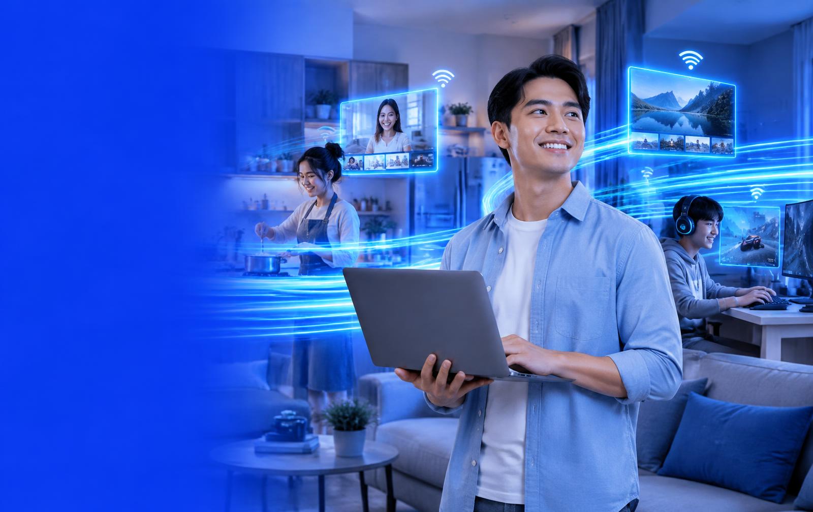 Keluarga menikmati WiFi rumah cepat untuk kerja, streaming, dan gaming